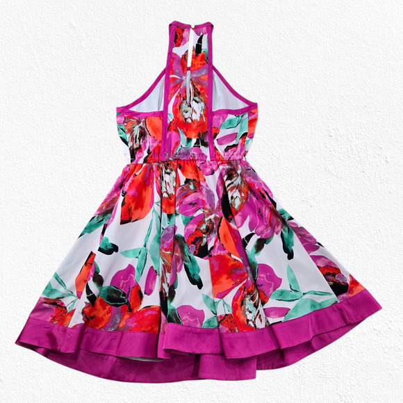 Bebe Floral Halter Fit & Flare Dress Pink Red Party Evening Dress Size Small - Picture 9 of 9